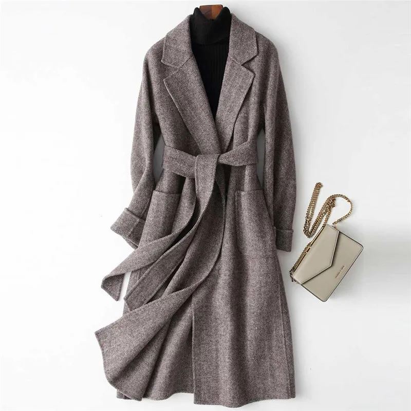 

2019 Women Wool Coat Elegant Turn Down Collar Woman Coat Long Woolen Coat With Belt Winter Warm Female Coats Casaco Feminino