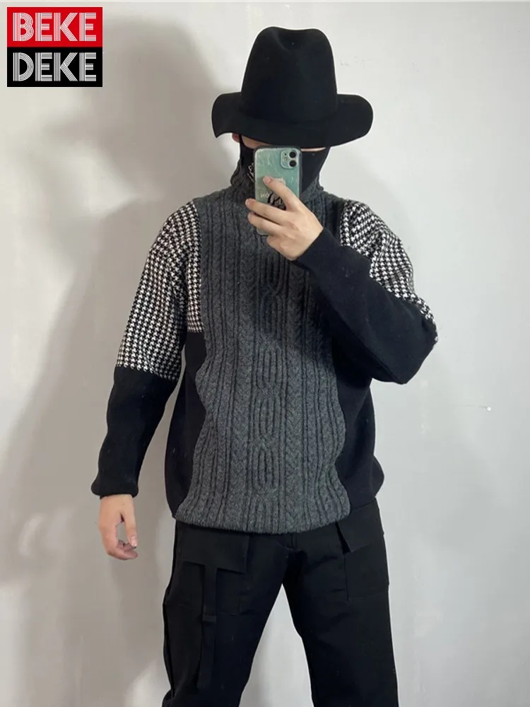 Men Turtleneck Thick Sweater Harajuku Style Mixed Colors Knitting Sweater Autumn Winter High Street Loose Leisure Pullovers