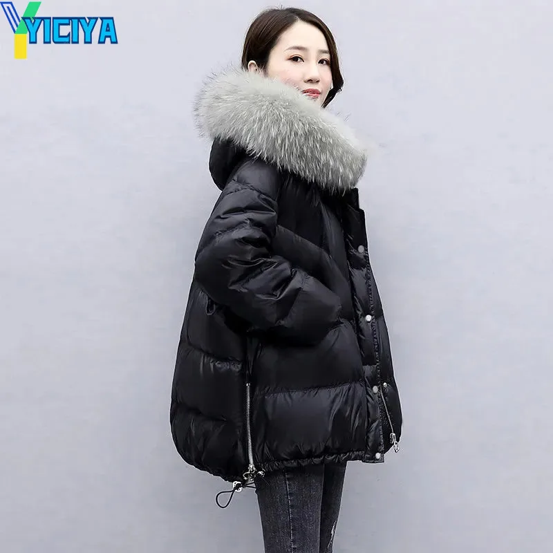 YICIYA Winter Jackets 2023 Woman Big Fur Collar Hooded Parkas Coats Pockets Zippers Women's Jacket Streetwear Thick Warm Parkas