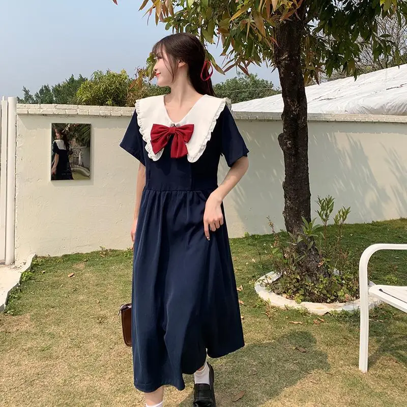 

Japanese College Sailor Collar Bow Sweet Cute Short-Sleeve Dress Women 2022 New Summer Plus Size Women Dress