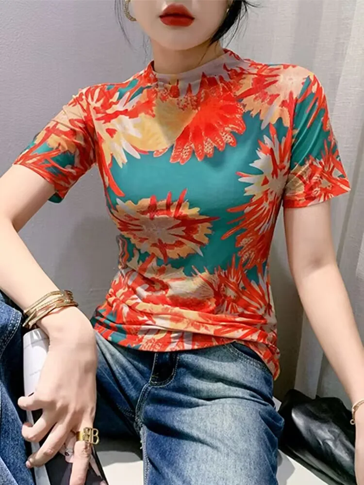 Новое поступление 2024 шикарная элегантная красочная сетчатая женская футболка