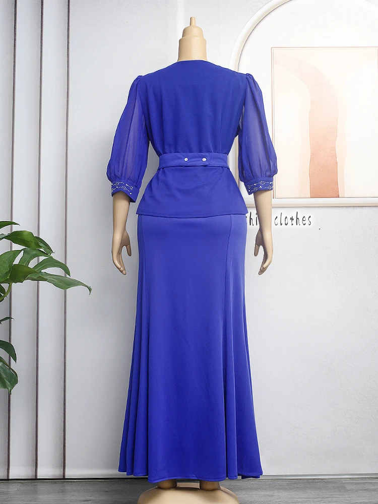 Elegant Women Dress Sets Luxury Beaded Long Sleeve Ruffle Tops and Mermaid Skirt Vintage Retro Birthday Evening 2 Piece Outfits