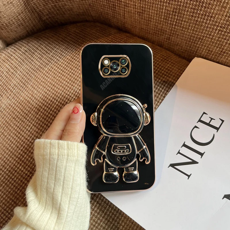 Pocox3 Astronaut Stand Holder Case On For Xiaomi Mi Poco X3 Nfc X3pro X4pro X4 M4 Pro 4g 5g F3 Plating Silicone Cover Poko X3nfc