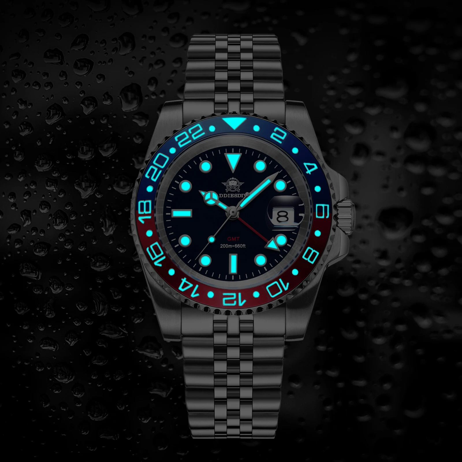 Фото Мужские часы ADDIESDIVE GMT 515-24H с двумя часовыми поясами, водонепроницаемые до 200 м, с керамическим безелем, люминесцентной подсветкой BGW9, из стали 316L, кварцевые. №5
