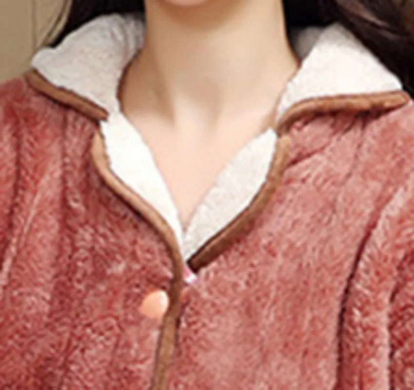Women's Winter Warm Thin Two-Pieces Pajama Suit Polyester Comfortable Lapel Breasted Button Type Leisure Wear With No Hat