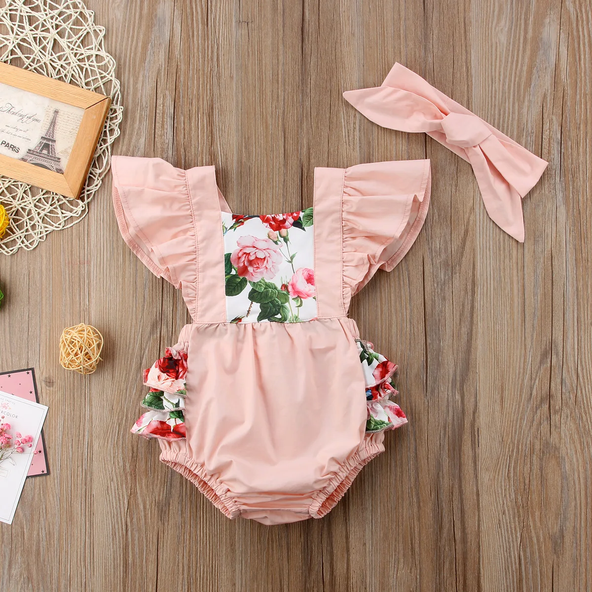 

0-2T Toddler Kids Baby Girls Clothes Sleeveless Flower Bodysuit Summer Jumpsuit Headband Outfits Casual Cute Costume