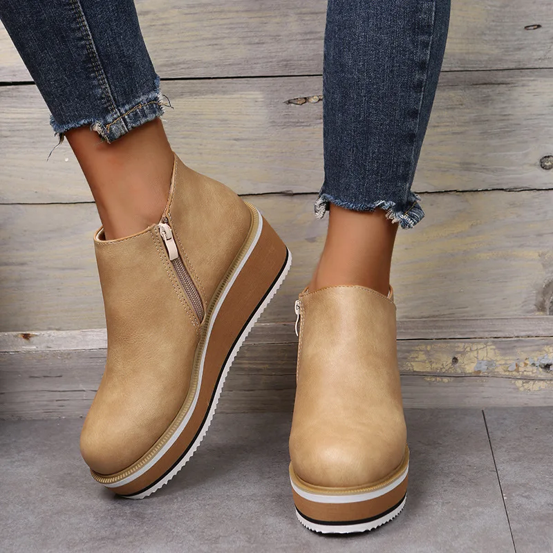 

Autumn Women's Boots Round Toe Comfortable Platform Shoes Non-Slip Casual Lady Ankle Boots Side Zip Retro Female Mujer Zapatos
