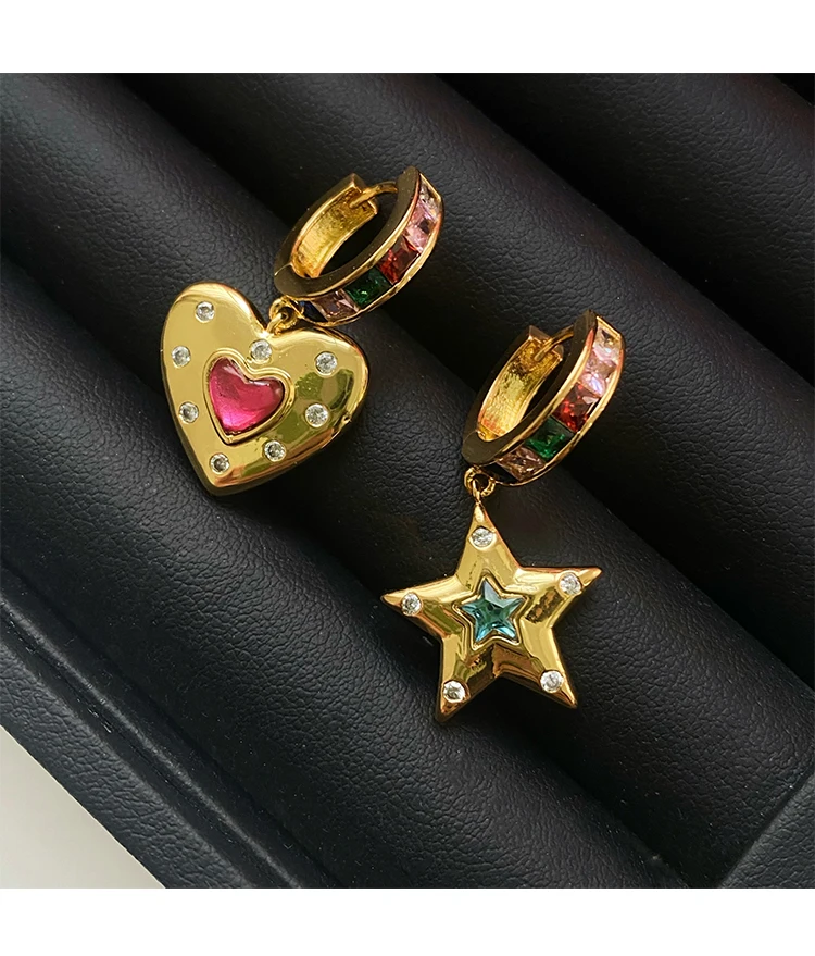 

Цветные циркониевые латунные асимметричные серьги в форме сердца и звезды, роскошные высококачественные серьги