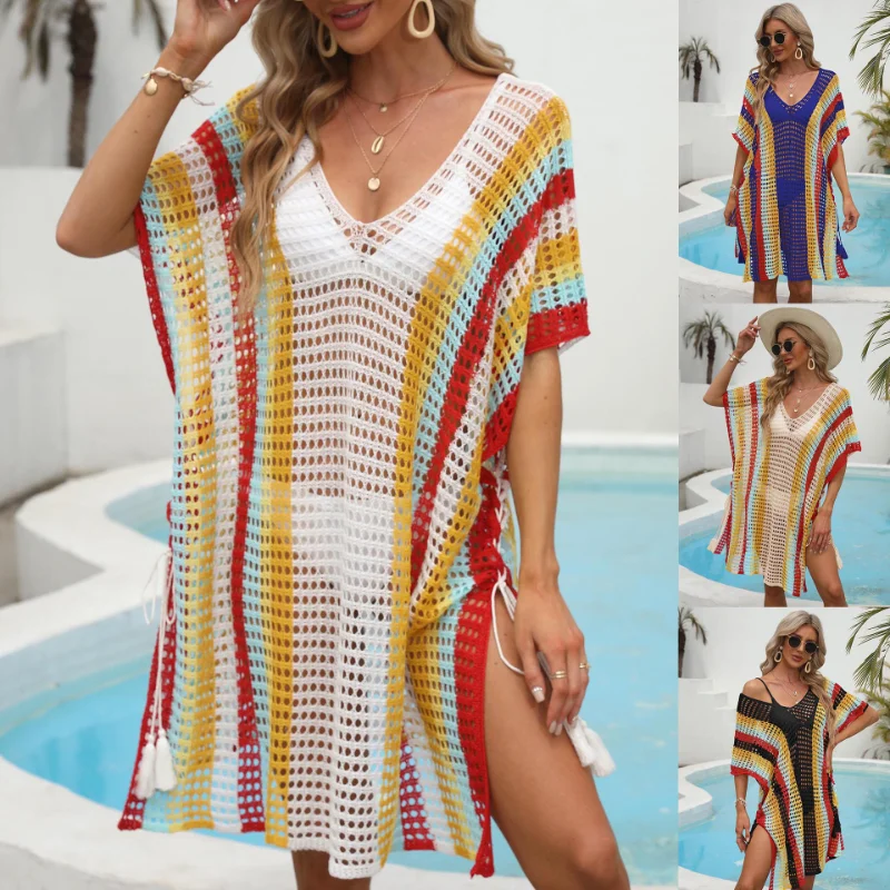 

Knitted Beach Tunic for Woman Swim Cover Up String Split Beachwear Crochet Swimsuit Cover-ups Stripped Pareo 2023 Bathing Suit