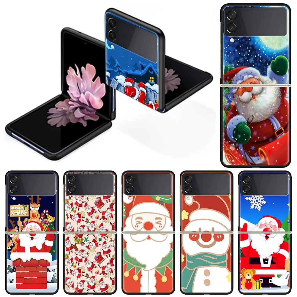 

Case For Samsung Galaxy Z Flip 3 5G 4 Black Hard Luxury Phone Cover ZFlip4 Fall Prevention Fashion Shell Christmas Santa Claus