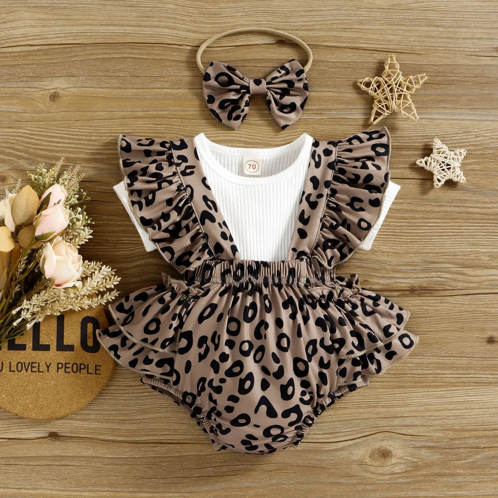 

Baby Clothes for Girls Infant Fashion Outfits Toddler Solid Ruffle T-shirt + Leopard Suspender Shorts 2pcs Set Children Clothing