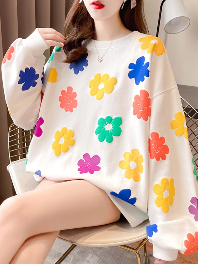 

Sweatshirts Ladies Tops Fashion Spring Autumn Crew Neck Pullover Printing Loose Long Sleeves Plants and Flowers Tenafeicc