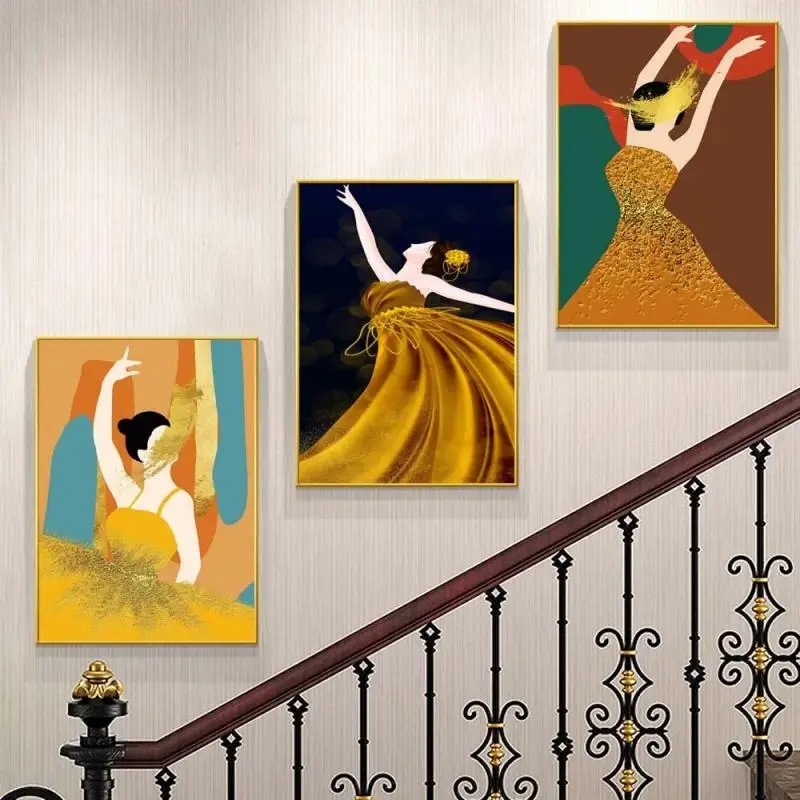 

Fashion Abstract Figure Canvas Painting Gold Dress Dancer Modern Posters and Prints Aisle Corridor Living Room Decor Home Decor