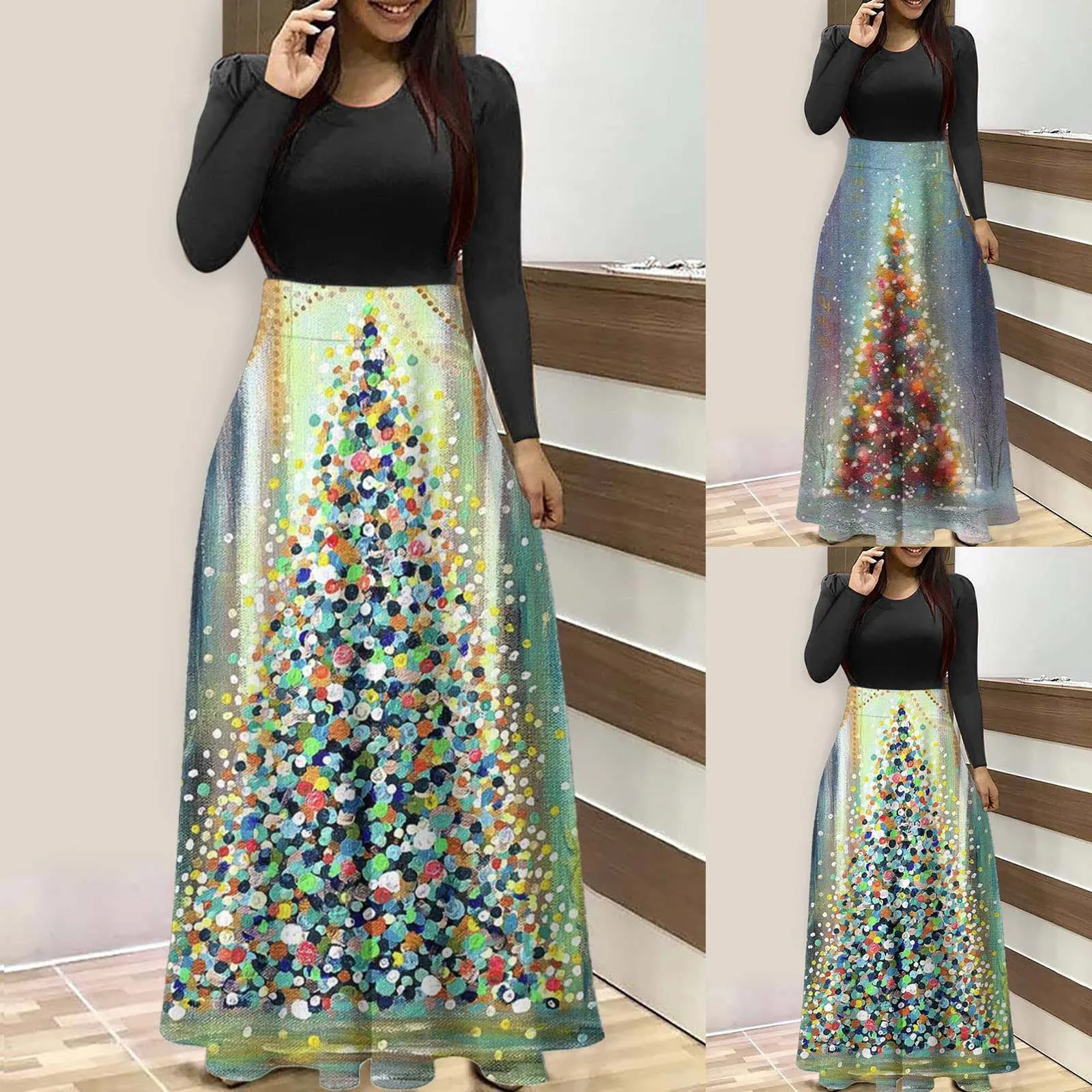 

Comfortable Dress For Women Christmas Idea Tree Printed Dresses Fashion Oversized Long Dress For Women Beach Casual Maxi