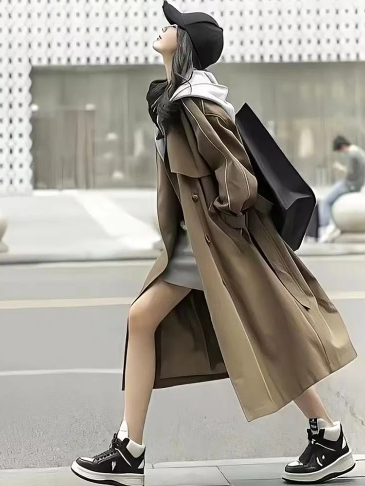 

Korean Y2K Style Women's Fall Winter Removable Hoodie Trench Coat Loose Design Long Windbreaker With Belt Female Outerwear