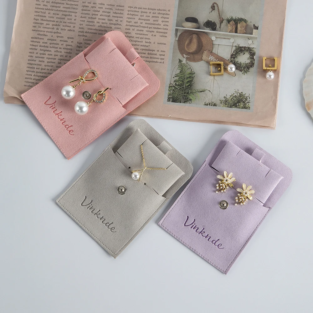 

Ivory Microfiber Button Jewelry Pouch With Holder Custom Logo Stamped Suede Jewelry Necklace Earrings Pouch With Insert Card Pad