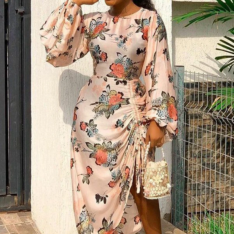 

New O Neck High Waist Drawstring Party Dress Elegant Floral Print Puff Sleeve Dress Fashion Asymmetrical Slit Banquet Long Dress