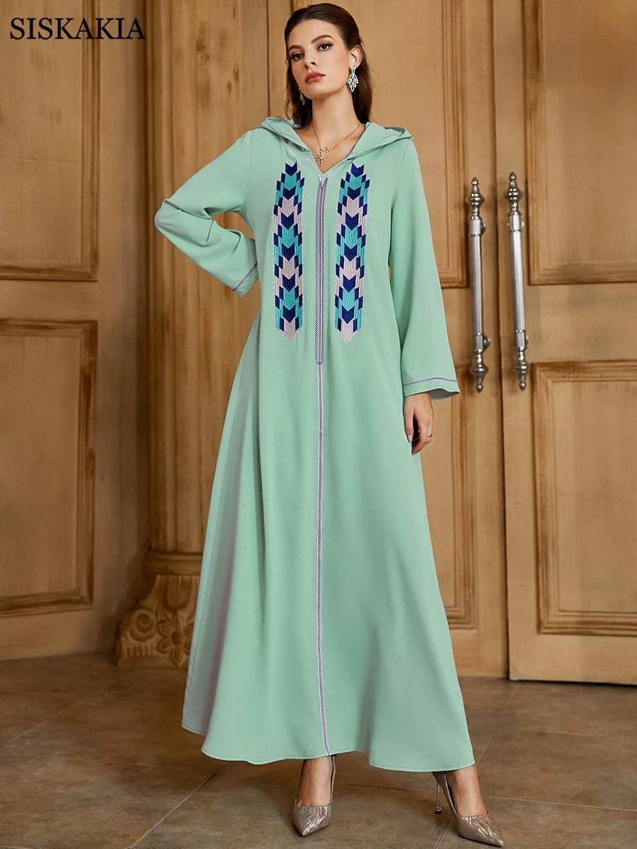 

Ethnic Hooded Dress Long Sleeve Embroidered Urban Casual Muslim Fashion Arabic Ladies Dresses Abaya Femme New 2022