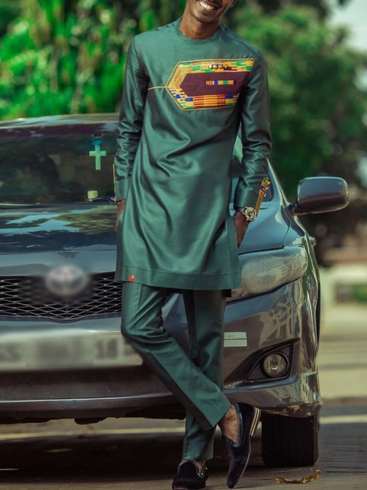 Muslim Fashion Men's Green Casual Long Sleeve Shirt Set Arabic Shirt Kurta Men Camisas Estilo Europeo Pars Hombre Muslim Sets