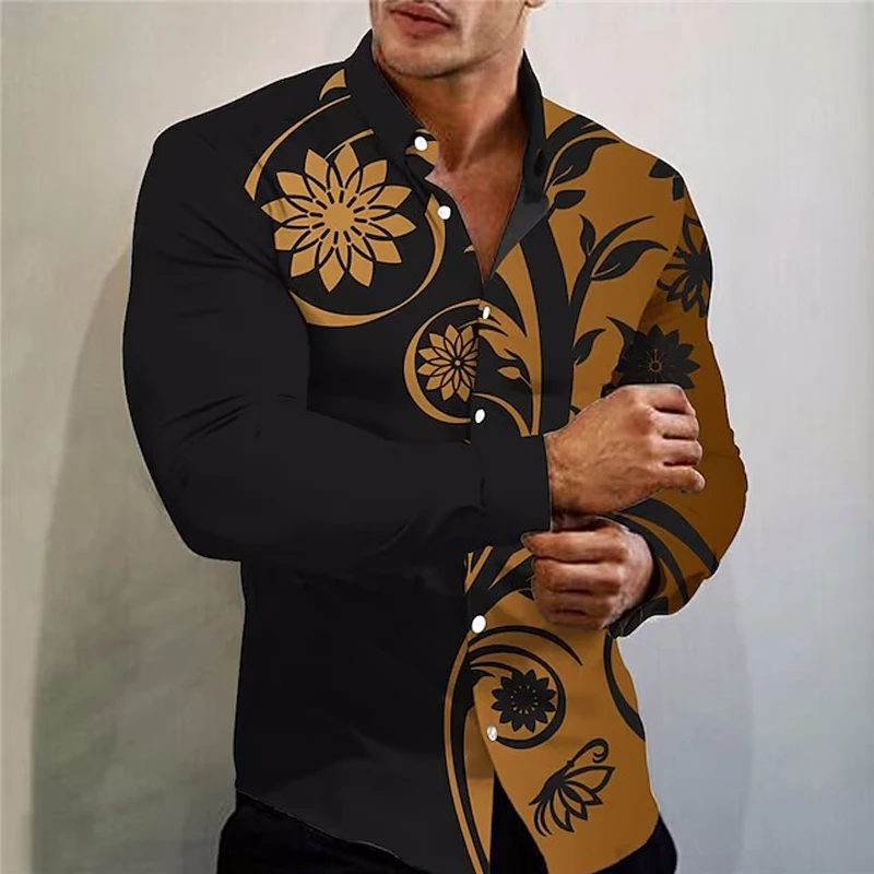 

Рубашка мужская с длинным рукавом, Повседневная блуза оверсайз, на пуговицах, с цветочным принтом, пляжная одежда, весна