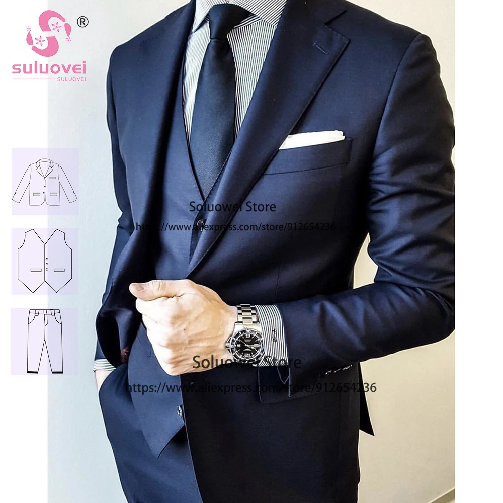 Модные темно-синие костюмы для мужчин облегающий комплект из 3 предметов с