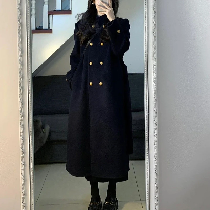 Осенне-зимнее твидовое пальто женское двубортное модное элегантное тонкое с