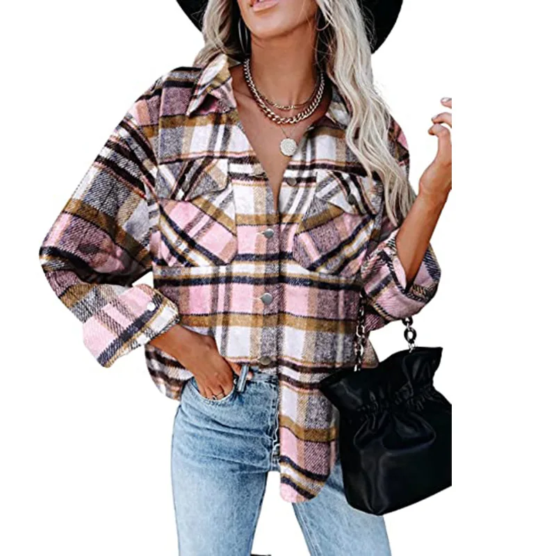 Women's 2022 Fall/Winter Plaid Shirts Long Sleeves Loose Pockets Breasted Wool Coat Blouse Women