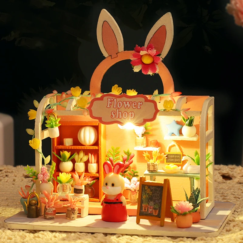 

Набор миниатюрных деревянных кукольных домиков «сделай сам», кролик, цветок, мини-домик, мебель, светильники, вилла, игрушки для девочек, под...