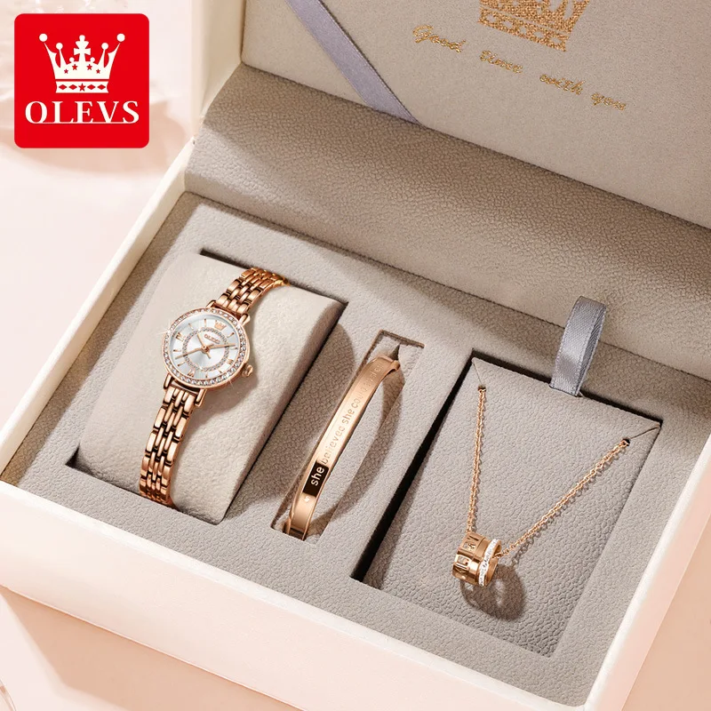 OLEVS Brand Rose Gold Quartz Watch for Women Luxury Stainless Steel Bracelet Necklace Set Waterproof  Fashion Small Womens Watch