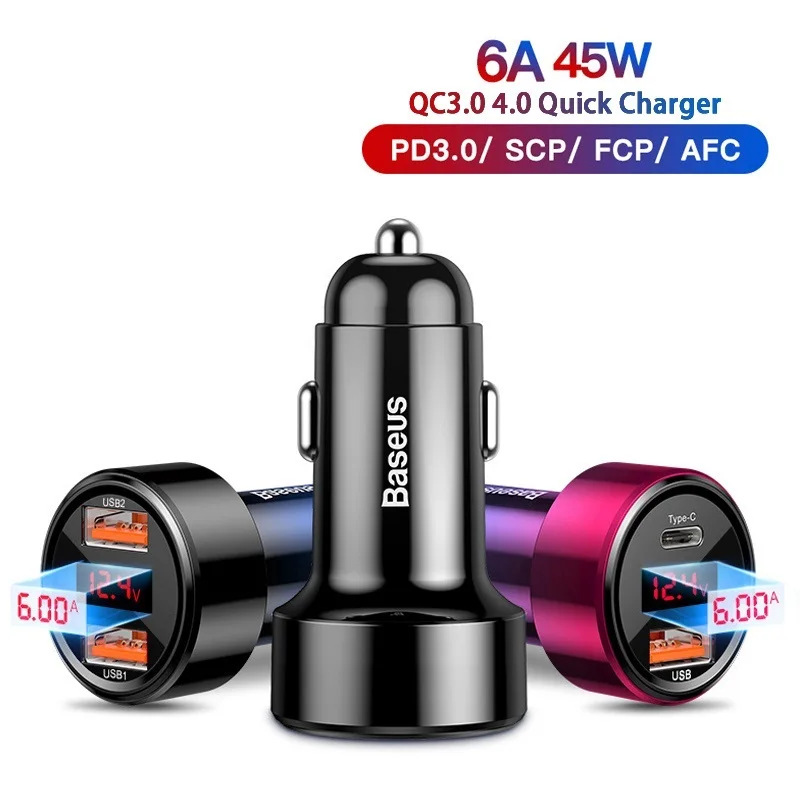 

45W Car Charger Dual USB Type C Mobile Phone Charger Metal Car Charging QC3.0 4.0 Quick Charge for iPhone Samsung Huawei