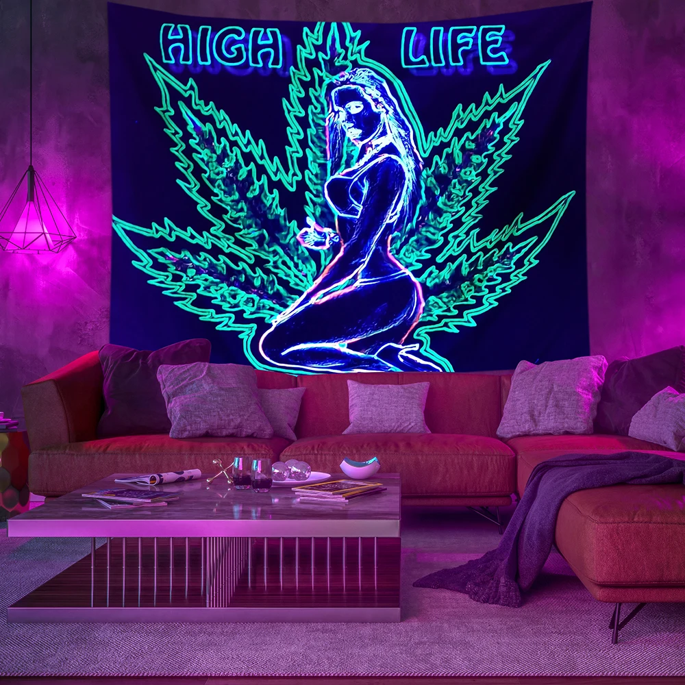 

Psychedelic Maple Leaves Girl Home Decor Wall Hanging Animal Mushroom Fluorescence Tapestry Glow Under The UV Light Room Decor