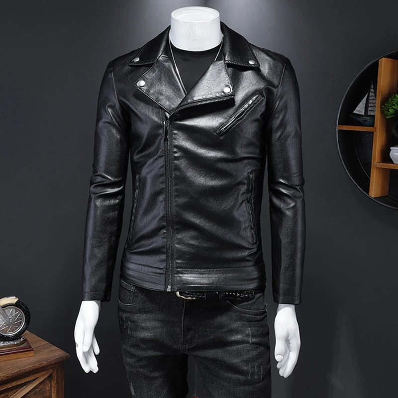 2022 Autumn Winter New Fashion Diagonal Zipper Big Lapel Motorcycle Leather Jackets Men's PU Stylish Casual Coat