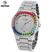 pintime quartz watch for men women luxury full diamond hip hop colorful rhinestone watches wristwatch male female iced out clock