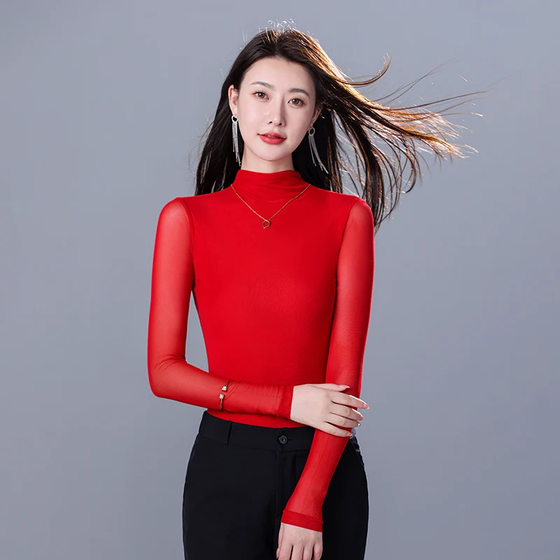 

Elastic Mesh Perspective Sexy Female Turtleneck Women Full Sleeve Lady Soft Tshirts Autumn Winter base sweatshirt Tops S-4XL