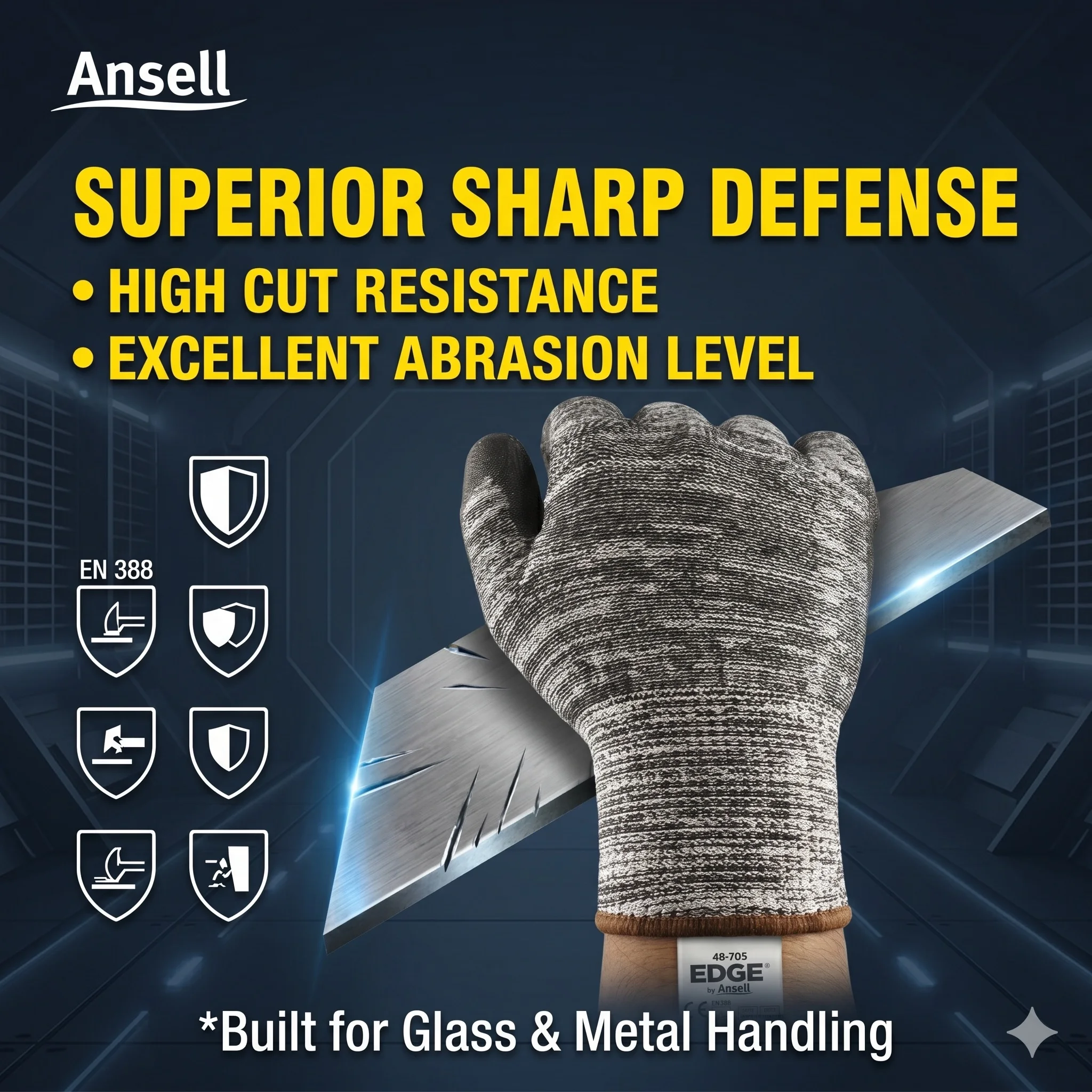 Фото Перчатки защитные Ansell 48-705 EDGE, устойчивые к порезам, из стекловолокна с полиуретановым покрытием, для мужчин и женщин, для промышленности №2