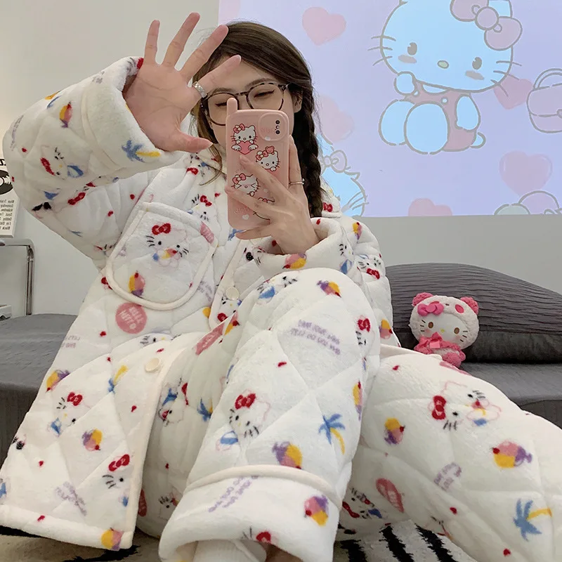 2022 New Coralline pyjamas Women's Winter three-layer cotton-padded flannel warm warm girl lovely home dress set