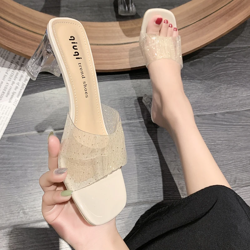 

Shoes Glitter Slides Square heel Low Fashion Med Slipers Women Jelly Block Luxury 2022 Scandals Rome Rubber