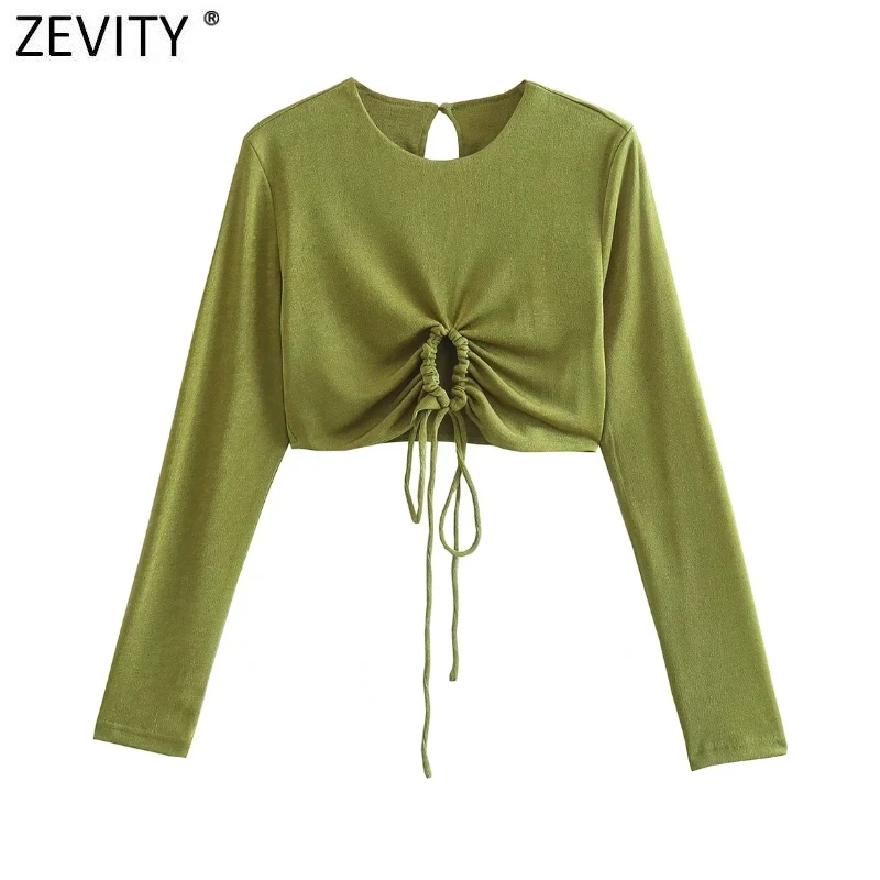 

Zevity Women High Street Hollow Out Hem Lace Up Green Short T Shirts Ladies Basic O Neck Long Sleeve Casual Slim Crop Tops T903