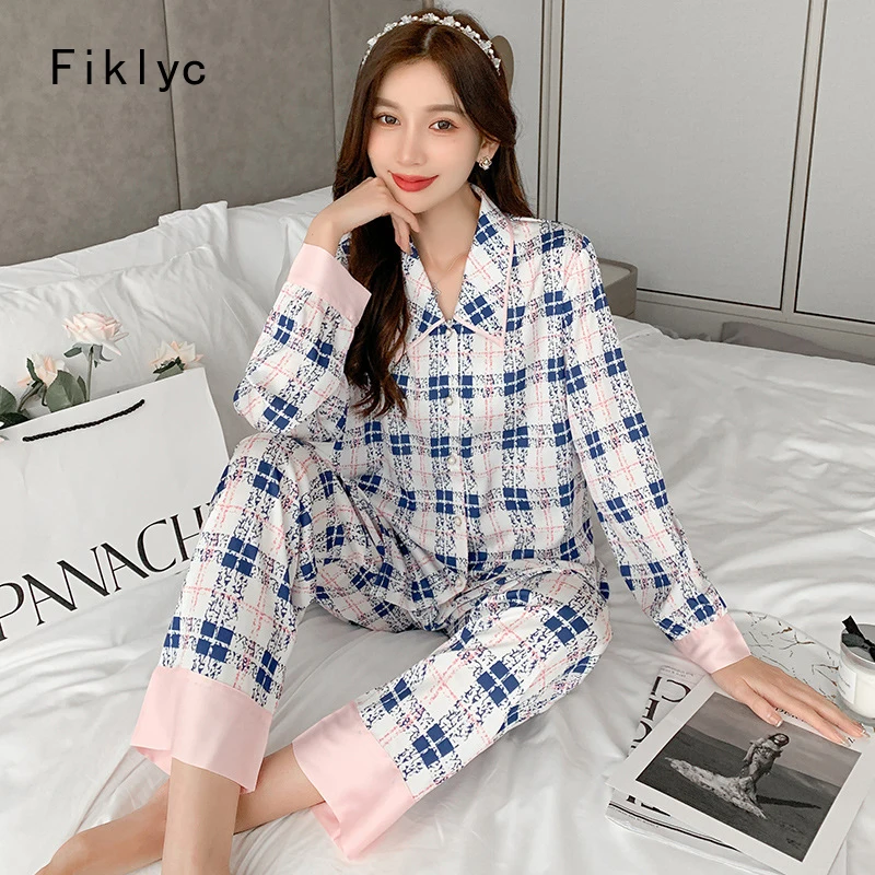 

Fiklyc Fashion Women Ice Silk Full Cuff Trousers Spring New Lovely Casual Underwear Pajamas Sets Simple Female Outfits Nightwear