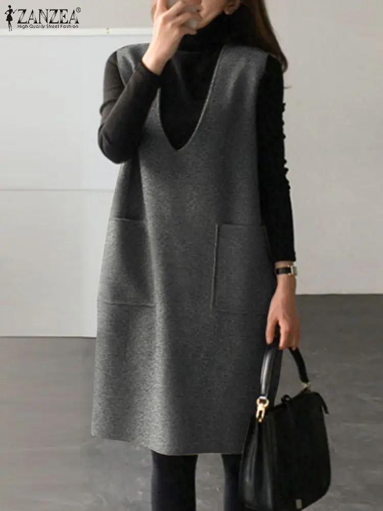 

Повседневное свободное платье-фартук без рукавов ZANZEA 2023 зимнее однотонное платье винтажное женское вельветовое платье праздничное платье без рукавов оверсайз