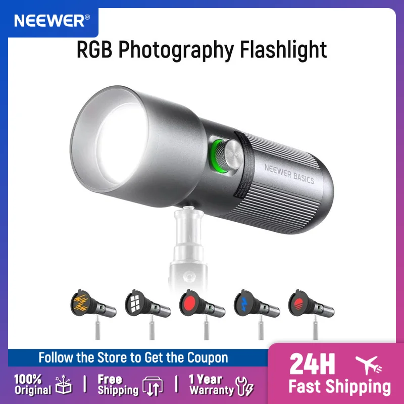 Фото Фонарь для фотосъемки NEEWER Basics RGB, 4 цвета/20 GOBO-фильтров/CRI95+/7500 мАч, 10 Вт, 6300K, портативный светодиодный видеосветильник №1