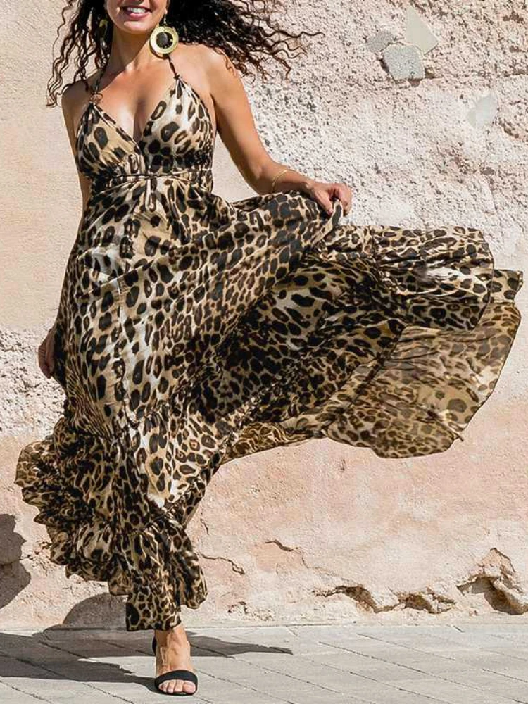 

2022 Summer New Female Sling Dress Fashion Temperament Leopard Print Beach Wind Sexy V-neck Lace-up Female Sling Long Dress