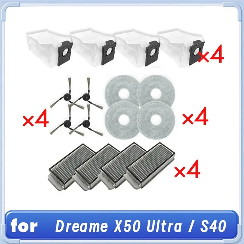 Фото A36T-16 шт. Запасные части для робота-пылесоса Dreame X50 Ultra/S40 Enhanced Edition: основная и боковая щетки, насадка для мытья пола, фильтр. №1