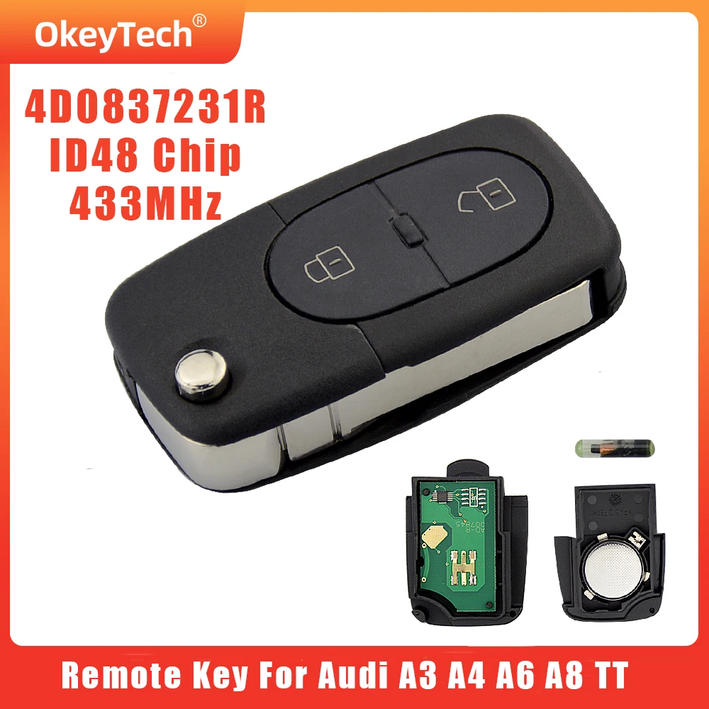 

OkeyTech Remote Key 433Mhz ID48 Chip 4D0837231R For Audi A3 A4 A6 A8 TT 2 Button Flip Folding Car Key Contol 4D0.837.231
