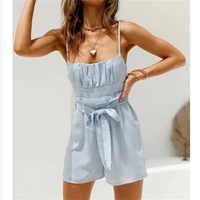 ruched sash sleeveless rompers women casual backless wide leg chiffon playsuits overalls summer beach short jumpsuit