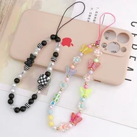 new cute butterfly charm phone chain lanyard women anti lost pearl bow beaded phone case rope pendant jewelry accessories 2022
