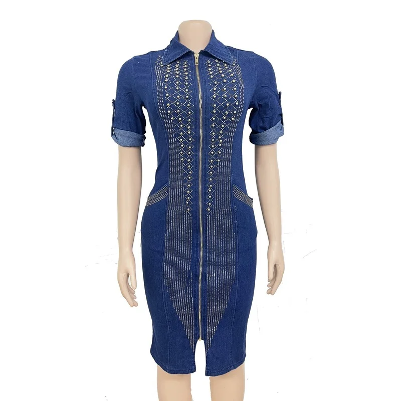 

African Denim Bodycon Dress 2022 Summer Spring Elegant Hot Drilling Robe Party Dress Woman Casual Vintage Midi Dresses For Women