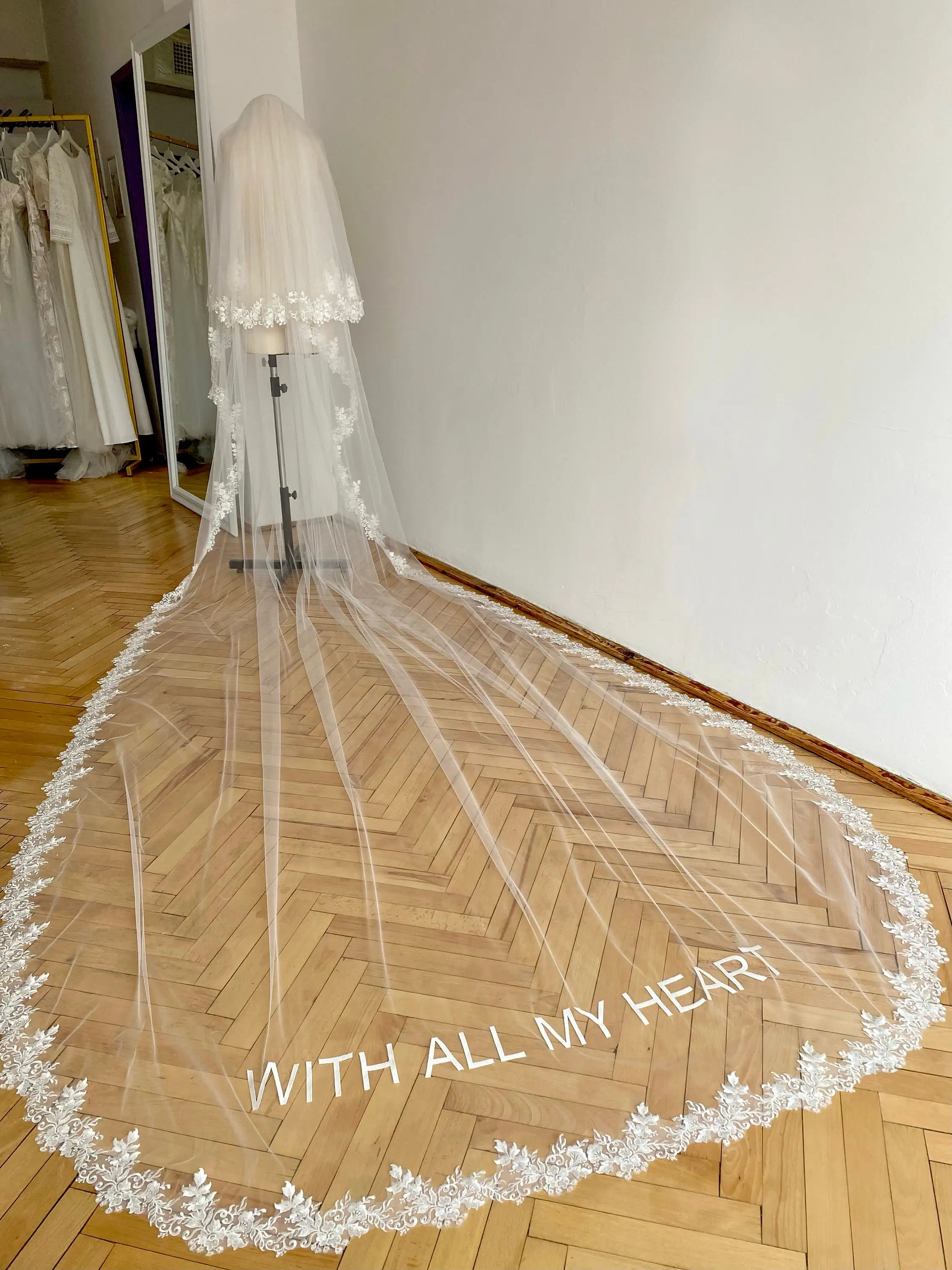 

Lace Edged Custom Wedding Veil Personalized Embroidered Words Blusher Cathedral Long Bridal Veil Monogram White Tulle Veil