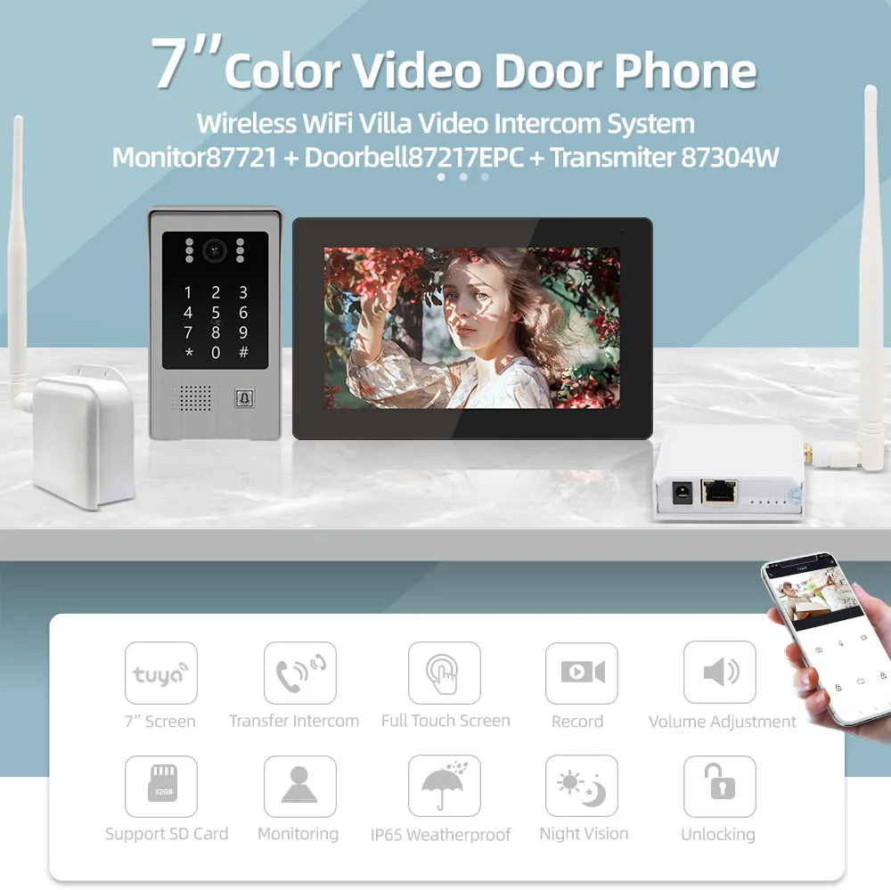 JeaTone Home Wireless IP Video Door Phone Intercom System 7 Inch Touch Screen Monitor with 1.0MP Doorbell Camera and Transceiver enlarge