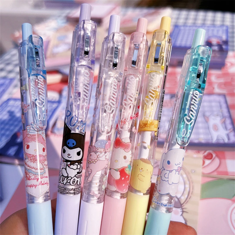 6Pcs Sanrioed Roller Ball Pen Kawaii Students Stationery Anime My Melody Hello Kitty 0.5Mm Black Press Quality Cute Kids Gifts